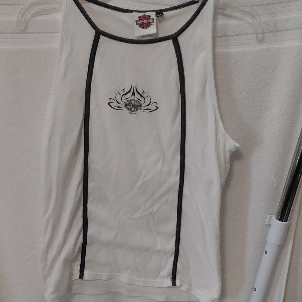 Harley-Davidson White and Blue Womens Tank With Built In Bra Liner. H3